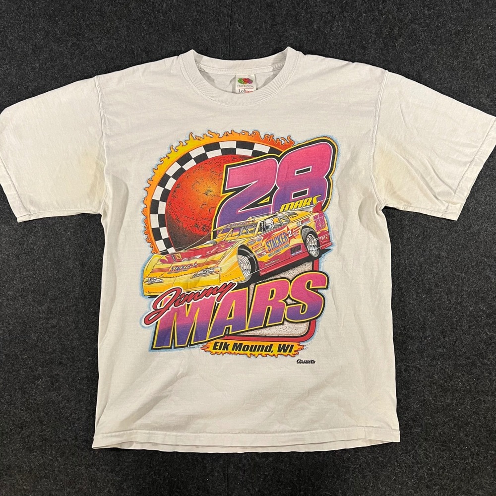 Fruit of the Loom Jimmy Mars Racing T-Shirt Mens Large White Stacker 2 Y2K Tee